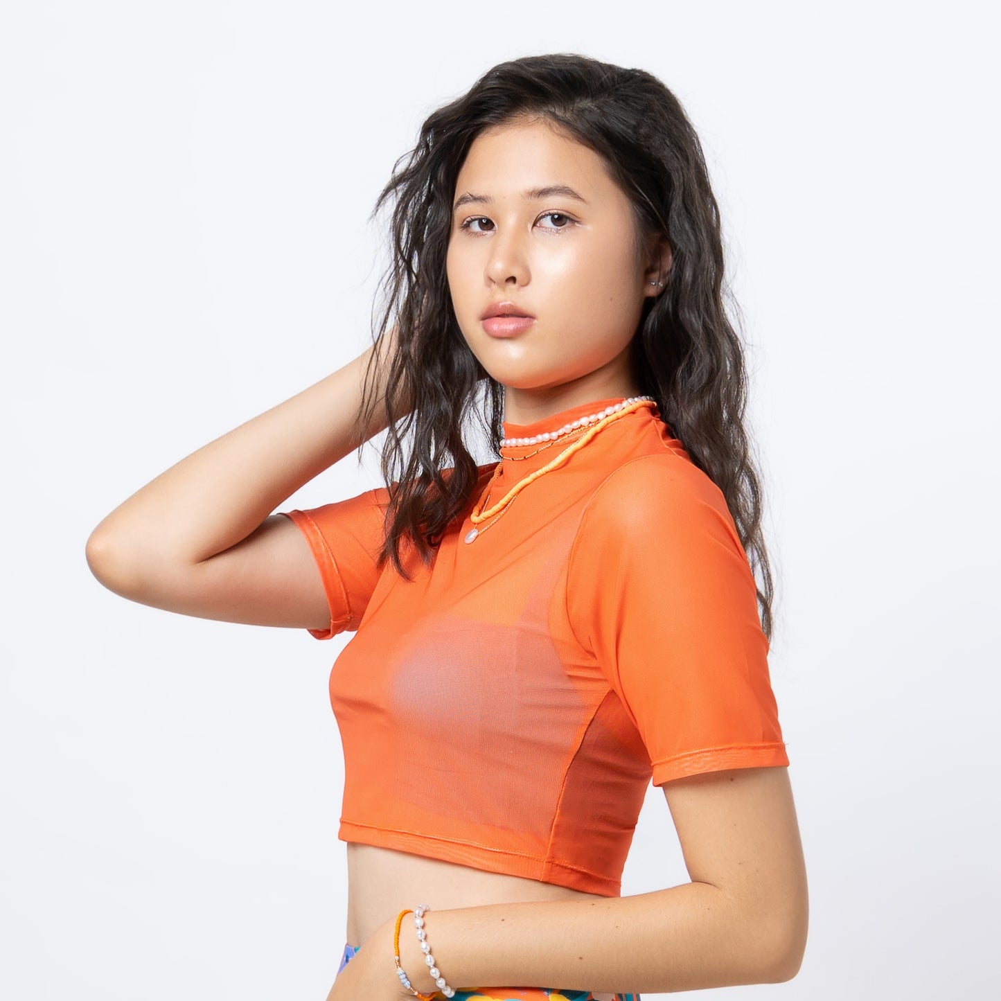 SOLID NECTARINE CROPPED MESH TEE