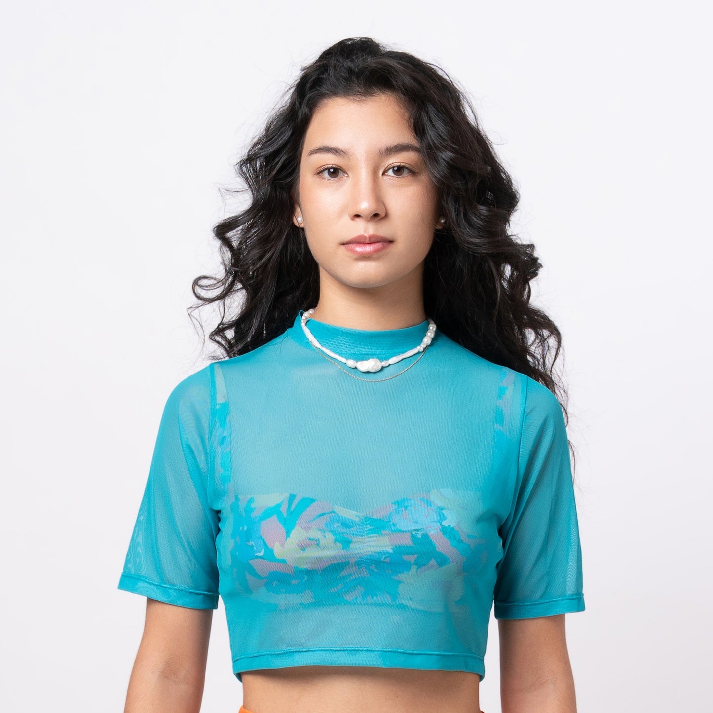 SOLID VIRIDIAN CROPPED MESH TEE